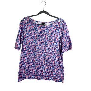 Talbots Floral Boatneck Tee Size Medium Button Shoulder‎ Detail Blue Pink Casual
